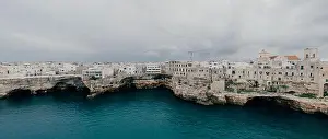 Polignano a Mare Apulia City Sea Coastline and white houses in Italy Drone 360 vr