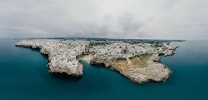 Alberobello Prints: Polignano a Mare Apulia City Sea Coastline and white houses in Italy Drone 360 vr