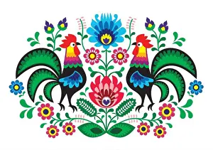Slavic Prints: Polish folk art floral embroidery with cocks - traditional folk pattern - wzory lowickie