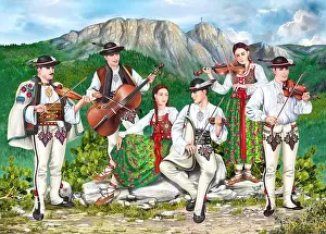 Violin Prints: Polish Lesser Poland Highlanders Traditional Zakopane Folk Band of SIx People in Podhale Costumes Playing Violins
