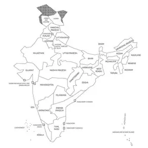 Political map of India. Administrative divisions - states and union territories. Simple black outline vector map with labels
