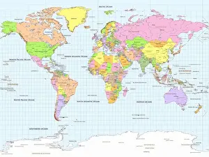 Illustration And Painting Prints: Political world map Gall stereographic projection
