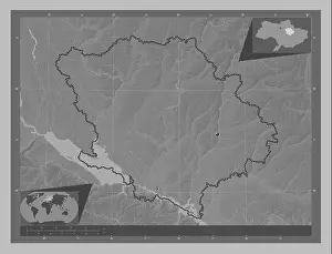Stereographic Prints: Poltava, region of Ukraine. Grayscale elevation map with lakes and rivers