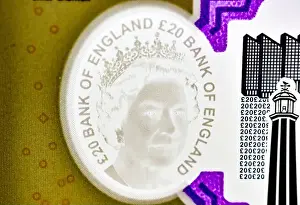 Hologram Prints: Polymer UK £20 note. Close up of a hologram showing the queens head