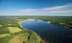 Forest Park Prints: Pond in foresty background aerial drone view with blue sky