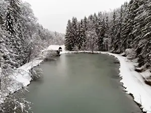 Wooden House Prints: Pond with snowy forest. Winter season. Aerial view
