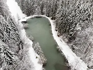 Wooden House Prints: Pond with snowy forest. Winter season. Aerial view