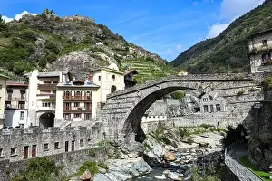 Pont Prints: Pont Saint Martin, Italy - 17 September 2023: view at the village of Pont Saint Martin on Aosta valley in Italy