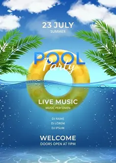 Pool party. Summer swimming party invitation template with inflatable ring, palm leaves, water and sky with clouds, realistic vector poster