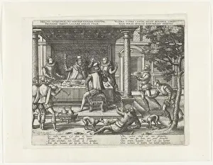 Moral Prints: The poor Lazarus begges at the party dis of the rich man