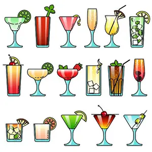 Pineapple Prints: Popular colorful alcohol cocktail drink glasses icon set for menu