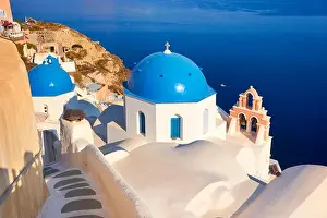 Place Of God Prints: Popular Santorini Caldera landscape with greek white church overlooking the sea