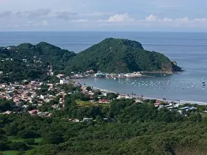 Port bay in panorama San Juan Del Sur Nicaragua in morning light aerial drone view