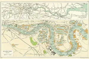 River Bridge Prints: THE PORT OF LONDON showing wharves & docks. Thames. Vintage map. BACON 1919