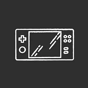 Joystick Prints: Portable video game console chalk white icon on black background