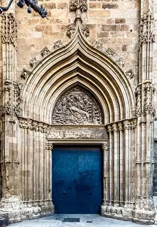 Gothic Architecture Prints: The Portal de Sant Iu, a beautifully carved Gothic doorway of Barcelona Cathedral