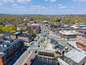 Cambridge Prints: Porter Square aerial view on Massachusetts Avenue at Somerville Avenue in spring in city of Cambridge