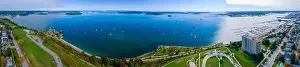 Portland Harbor and mouth of the Fore River panoramic aerial view from East End of Portland, Maine ME, USA