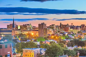 Portland, Maine, USA downtown city skyline at dusk