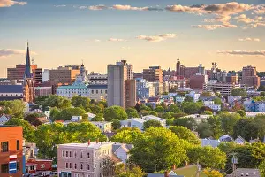 Portland, Maine, USA downtown city skyline at dusk