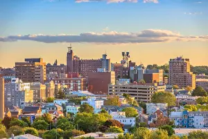 Portland, Maine, USA downtown city skyline at dusk