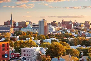 Portland, Maine, USA downtown city skyline at dusk