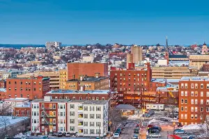 Portland, Maine, USA downtown skyline at twilight in winter