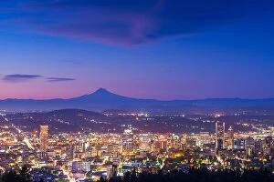 Images Dated 20th June 2018: Portland, Oregon, USA skyline at dusk with Mt. Hood in the distance