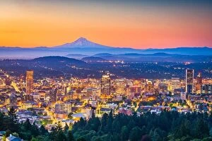 Images Dated 20th June 2018: Portland, Oregon, USA skyline at dusk with Mt. Hood in the distance