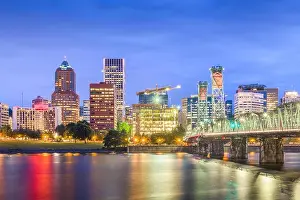 Portland, Oregon, USA skyline at dusk on the Willamette River