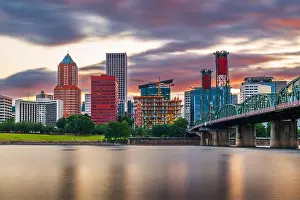 Portland, Oregon, USA skyline at dusk on the Willamette River