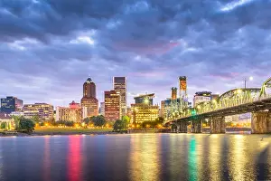 Portland, Oregon, USA skyline at dusk on the Willamette River