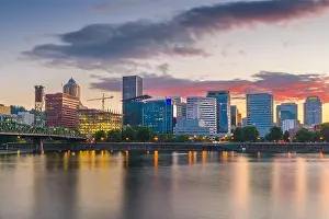Portland, Oregon, USA skyline at dusk on the Willamette River