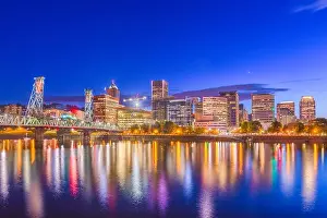 Portland, Oregon, USA skyline at dusk on the Willamette River