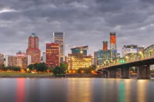 Portland, Oregon, USA skyline at dusk on the Willamette River