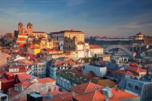Porto, Portugal. Aerial cityscape image of Porto, Portugal with the Porto Cathedral and old town during sunset