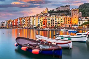 La Spezia Prints: Porto Venere, La Spezia, Italy historic town skyline with Christmas lights at dusk
