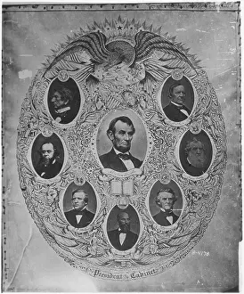A portrait of Abraham Lincoln with his cabinet members