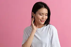 Millenial Prints: Portrait of asian woman on pink background