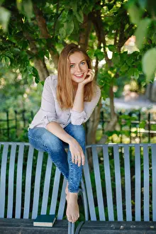 Innocent Prints: Portrait of beautiful smiling white Caucasian girl woman with long blonde hair