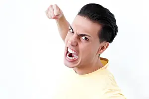 Feel Prints: Portrait of danger man, roar and shout and bow at camera