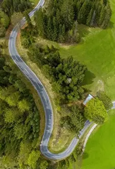 Street View Prints: Portrait format of romantic Lechtal Alps pass road which winds through the green forest with hairpin bends