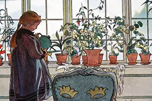 Portrait of a girl watering house plants and flowers in windowsill by Carl Larsson, 1890s, Swedish art