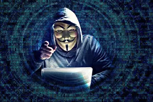 Hacker Prints: portrait of hacker with mask and binary code background