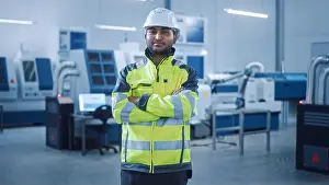 Hardhat Prints: Portrait of Handsome Indian Engineer Wearing Safety Vest and Hardhat Smiles with Crossed Arms