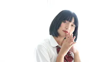 School Girl Prints: Portrait japanese school girl in white tone bed room