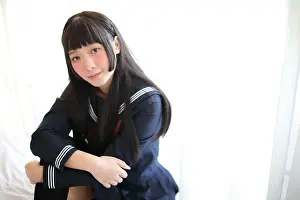 Portrait Girl Prints: Portrait japanese school girl in white tone bed room