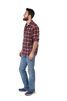 Pockets Prints: full portrait of man with plaid shirt and profile view on white background