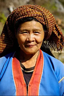 Temper Prints: Portrait older Burmese woman in traditional dress of Pa-laung smiles Yasakyi Shan State Burma