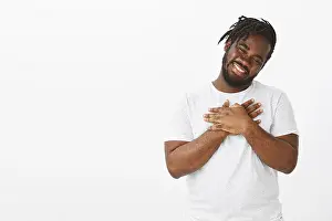 Satisfied Prints: Portrait of pleased cute plump african-american guy with beard and moustache